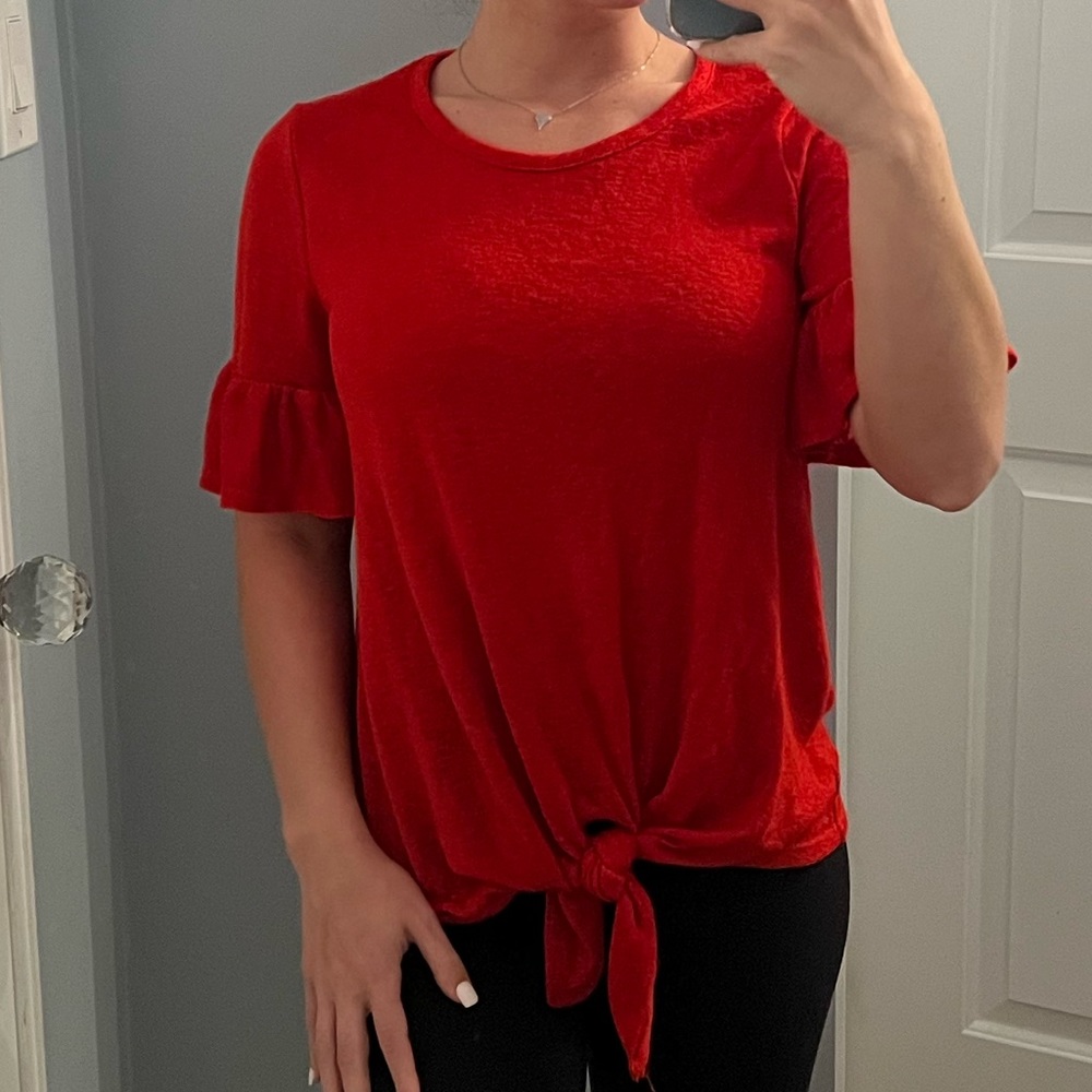 Bobeau Red Flutter Sleeve Tie Front Top